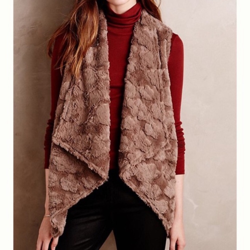 Anthropologie Elevenses Faux Fur Waterfall Vest: Tan